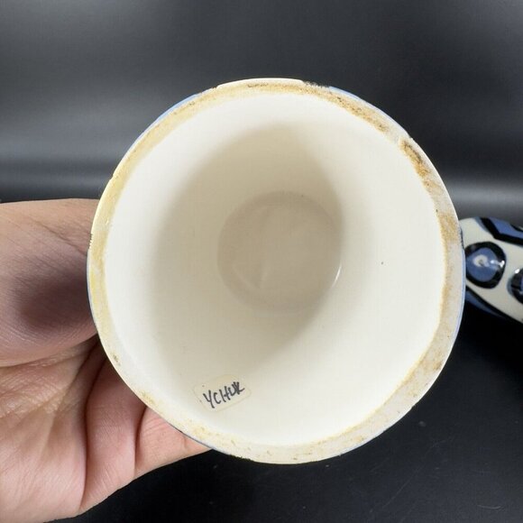 Hand Painted Vintage Pottery Candle Stick Holder Set 2 Signed YCHUK Abstract 2 - Picture 5 of 11